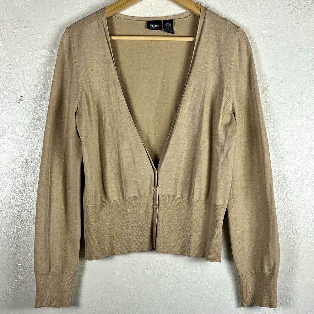 Mossimo Womens V-Neck Button Front Cardigan Sweater Silk Blend Beige L